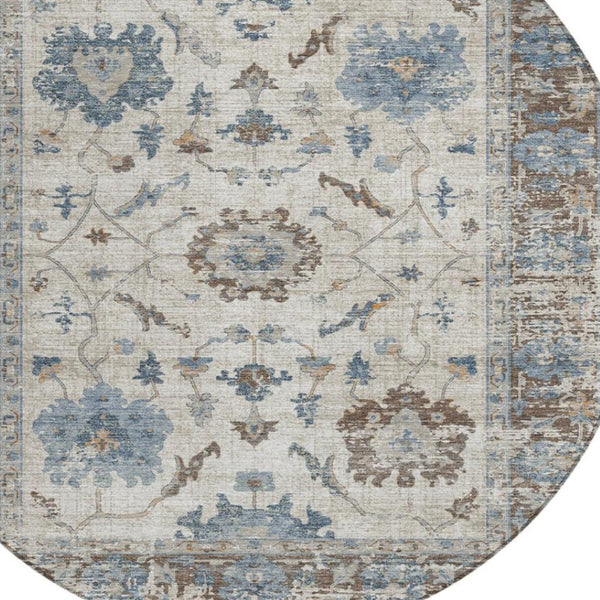 HomeRoots 5' Elegant Beige and Blue Floral Machine-Washable Area Rug for Indoor and Outdoor Spaces 8' Round 627889