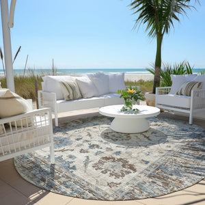 HomeRoots 5' Elegant Beige and Blue Floral Machine-Washable Area Rug for Indoor and Outdoor Spaces 8' Round 627889