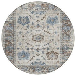 HomeRoots 5' Elegant Beige and Blue Floral Machine-Washable Area Rug for Indoor and Outdoor Spaces 8' Round 627889
