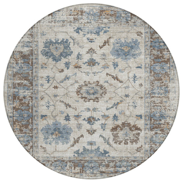 HomeRoots 5' Elegant Beige and Blue Floral Machine-Washable Area Rug for Indoor and Outdoor Spaces 8' Round 627889