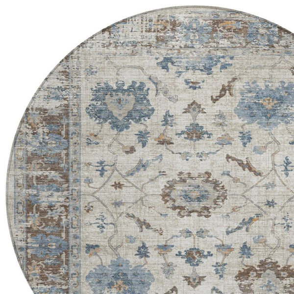 HomeRoots 5' Elegant Beige and Blue Floral Machine-Washable Area Rug for Indoor and Outdoor Spaces 8' Round 627889