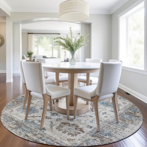 HomeRoots 5' Elegant Beige and Blue Floral Machine-Washable Area Rug for Indoor and Outdoor Spaces 8' Round 627889