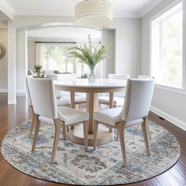 HomeRoots 5' Elegant Beige and Blue Floral Machine-Washable Area Rug for Indoor and Outdoor Spaces 8' Round 627889