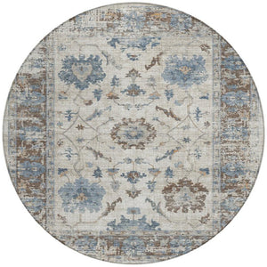 HomeRoots 5' Elegant Beige and Blue Floral Machine-Washable Area Rug for Indoor and Outdoor Spaces 8' Round 627889