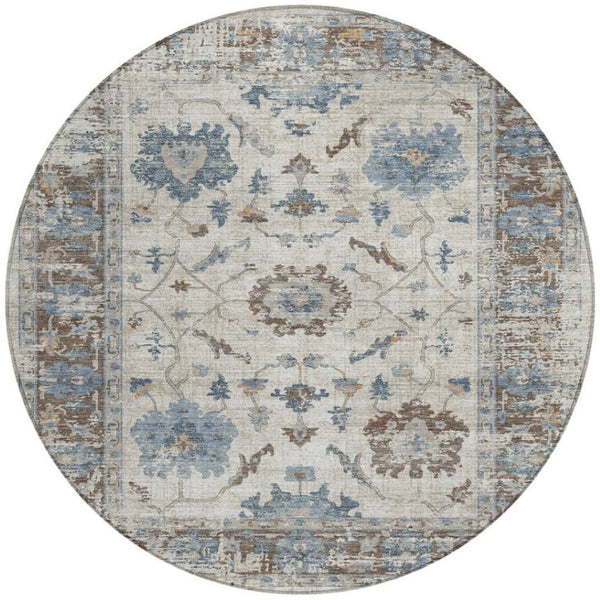 HomeRoots 5' Elegant Beige and Blue Floral Machine-Washable Area Rug for Indoor and Outdoor Spaces 8' Round 627889