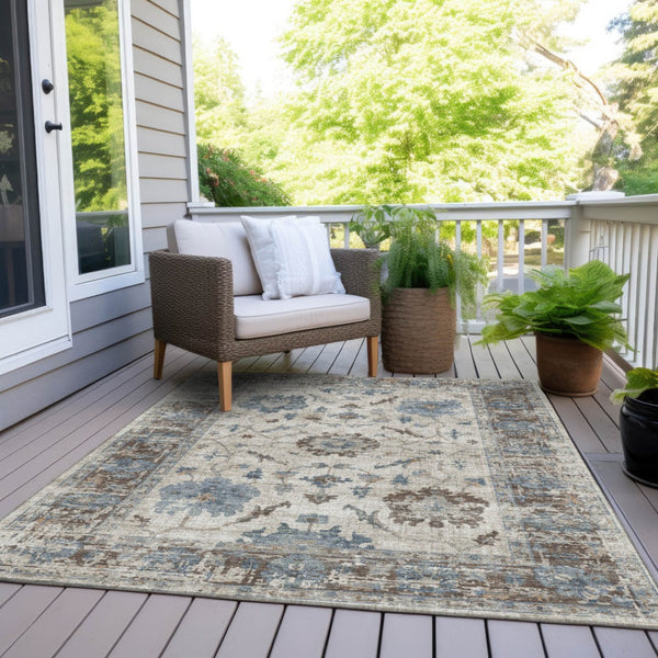 HomeRoots 5' Elegant Beige and Blue Floral Machine-Washable Area Rug for Indoor and Outdoor Spaces 8' X 10' 627890