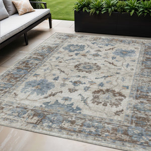 HomeRoots 5' Elegant Beige and Blue Floral Machine-Washable Area Rug for Indoor and Outdoor Spaces 10' X 14' 627892