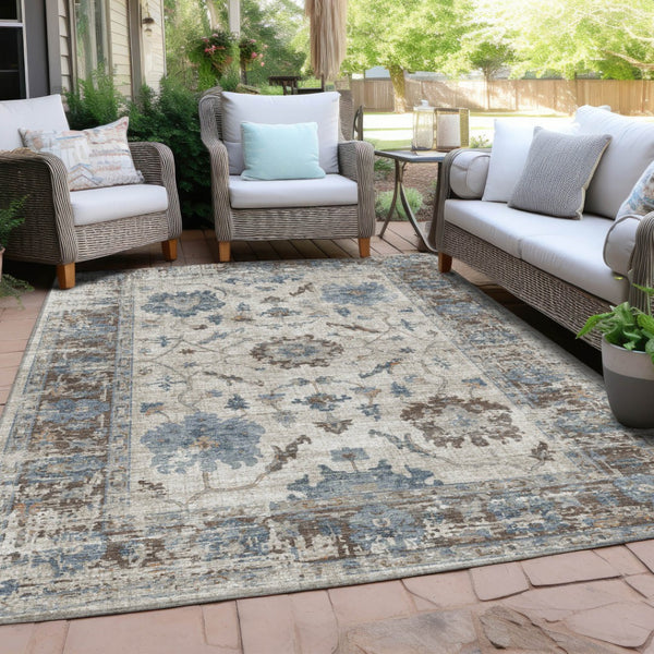 HomeRoots 5' Elegant Beige and Blue Floral Machine-Washable Area Rug for Indoor and Outdoor Spaces 10' X 14' 627892