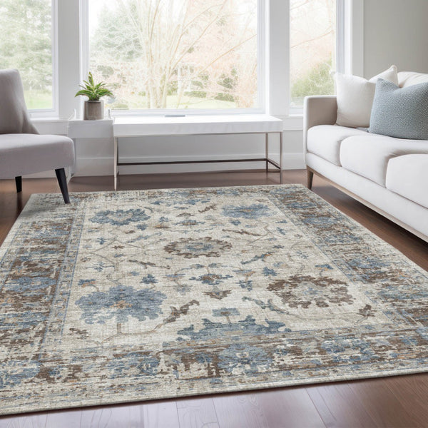 HomeRoots 5' Elegant Beige and Blue Floral Machine-Washable Area Rug for Indoor and Outdoor Spaces 10' X 14' 627892