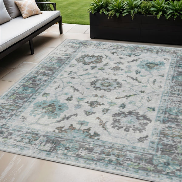 HomeRoots 5' Teal Blue and Gray Floral Area Rug - Durable, Washable Indoor-Outdoor Design for Every Space 5' X 8' 627894