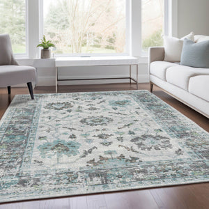 HomeRoots 5' Teal Blue and Gray Floral Area Rug - Durable, Washable Indoor-Outdoor Design for Every Space 5' X 8' 627894