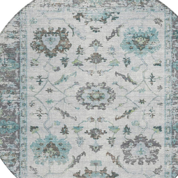 HomeRoots 5' Teal Blue and Gray Floral Area Rug - Durable, Washable Indoor-Outdoor Design for Every Space 8' Round 627895