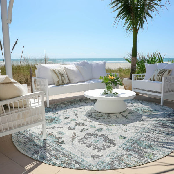 HomeRoots 5' Teal Blue and Gray Floral Area Rug - Durable, Washable Indoor-Outdoor Design for Every Space 8' Round 627895