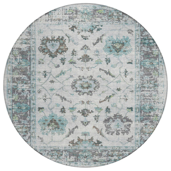 HomeRoots 5' Teal Blue and Gray Floral Area Rug - Durable, Washable Indoor-Outdoor Design for Every Space 8' Round 627895
