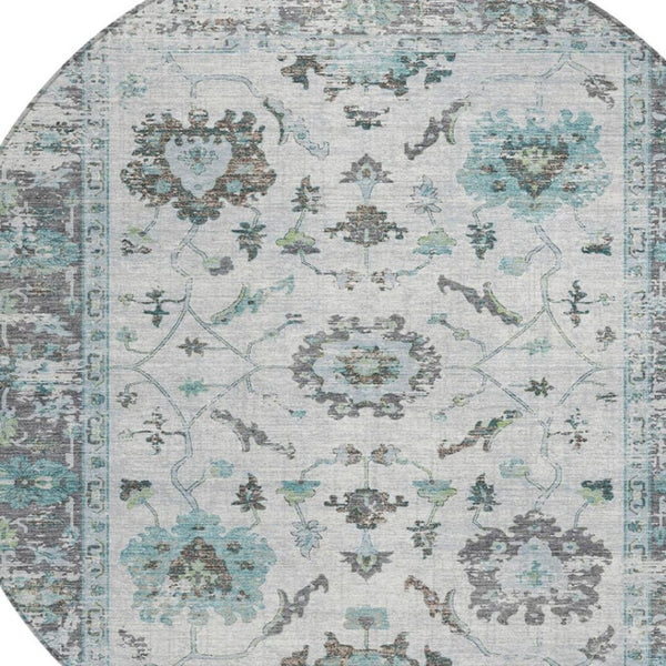 HomeRoots 5' Teal Blue and Gray Floral Area Rug - Durable, Washable Indoor-Outdoor Design for Every Space 8' Round 627895