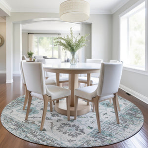 HomeRoots 5' Teal Blue and Gray Floral Area Rug - Durable, Washable Indoor-Outdoor Design for Every Space 8' Round 627895