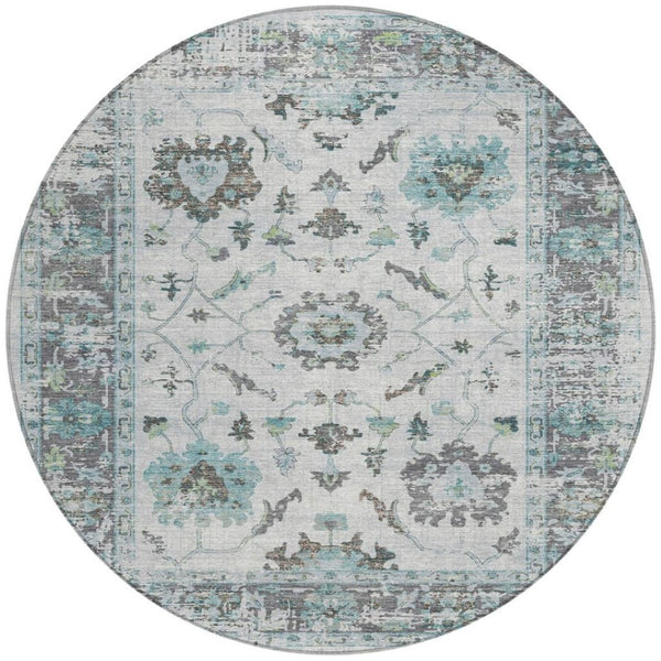 HomeRoots 5' Teal Blue and Gray Floral Area Rug - Durable, Washable Indoor-Outdoor Design for Every Space 8' Round 627895
