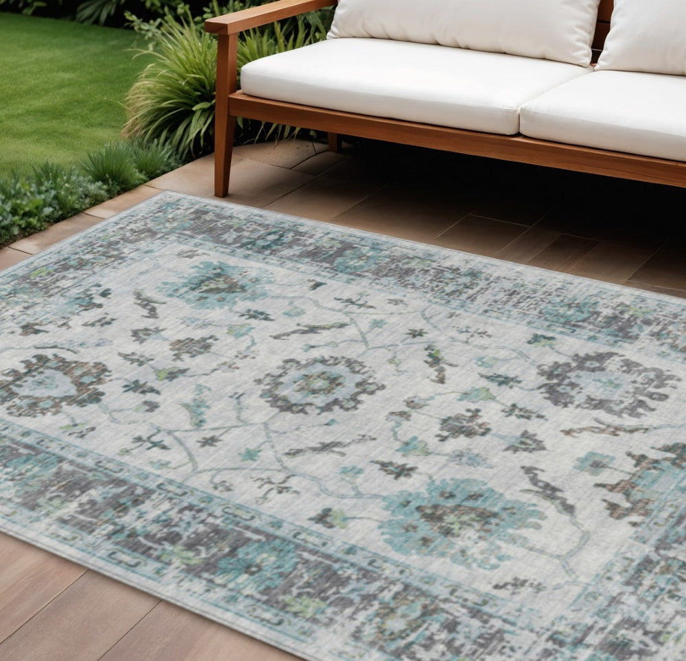 HomeRoots 5' Teal Blue and Gray Floral Area Rug - Durable, Washable Indoor-Outdoor Design for Every Space 8' X 10' 627896