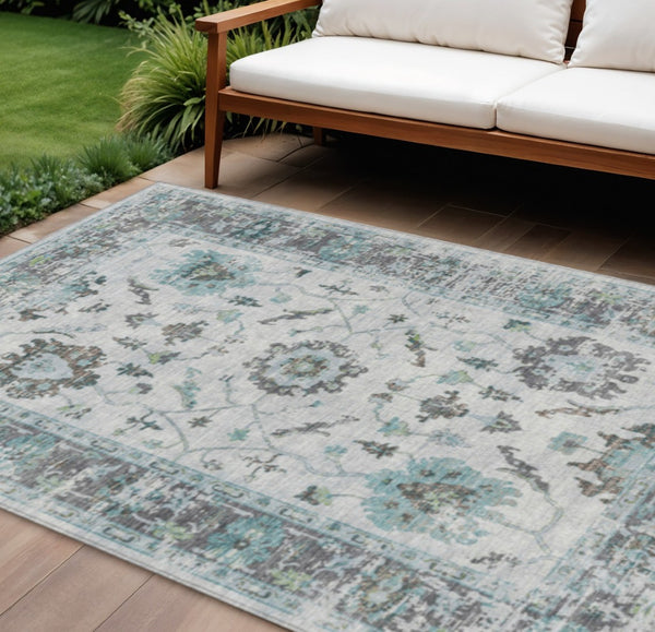 HomeRoots 5' Teal Blue and Gray Floral Area Rug - Durable, Washable Indoor-Outdoor Design for Every Space 8' X 10' 627896