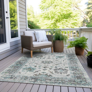 HomeRoots 5' Teal Blue and Gray Floral Area Rug - Durable, Washable Indoor-Outdoor Design for Every Space 8' X 10' 627896