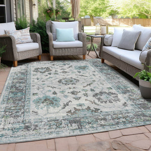 HomeRoots 5' Teal Blue and Gray Floral Area Rug - Durable, Washable Indoor-Outdoor Design for Every Space 9' X 12' 627897
