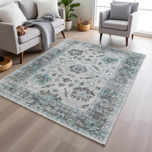 HomeRoots 5' Teal Blue and Gray Floral Area Rug - Durable, Washable Indoor-Outdoor Design for Every Space 9' X 12' 627897