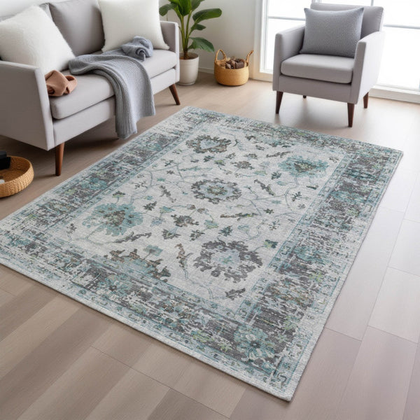 HomeRoots 5' Teal Blue and Gray Floral Area Rug - Durable, Washable Indoor-Outdoor Design for Every Space 9' X 12' 627897