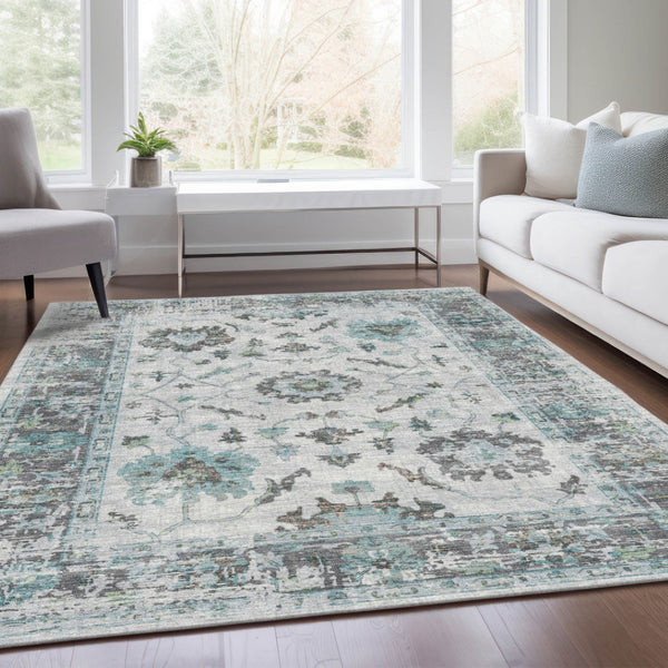 HomeRoots 5' Teal Blue and Gray Floral Area Rug - Durable, Washable Indoor-Outdoor Design for Every Space 10' X 14' 627898