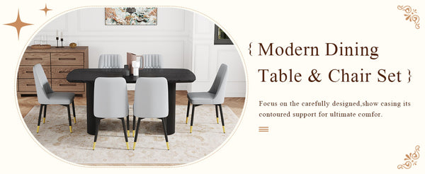 English Elm Table 7-Piece Modern Dining Set: Black Wood-Grain Table & 6 Light Gray Pu Chairs With Gold Accents W1151S04172-GIGA