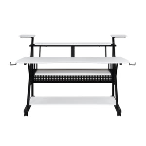 English Elm Willow Modern White & Black Music Desk with Keyboard Tray, Speaker Shelves, Wheels & Locking Design B2726P251779