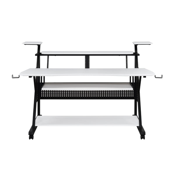 English Elm Willow Modern White & Black Music Desk with Keyboard Tray, Speaker Shelves, Wheels & Locking Design B2726P251779