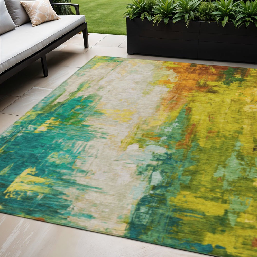 HomeRoots 5' Indoor Outdoor Green and Gold Abstract Area Rug – Durable, Washable, Modern Design for Versatile Spaces 5' X 8' 627906