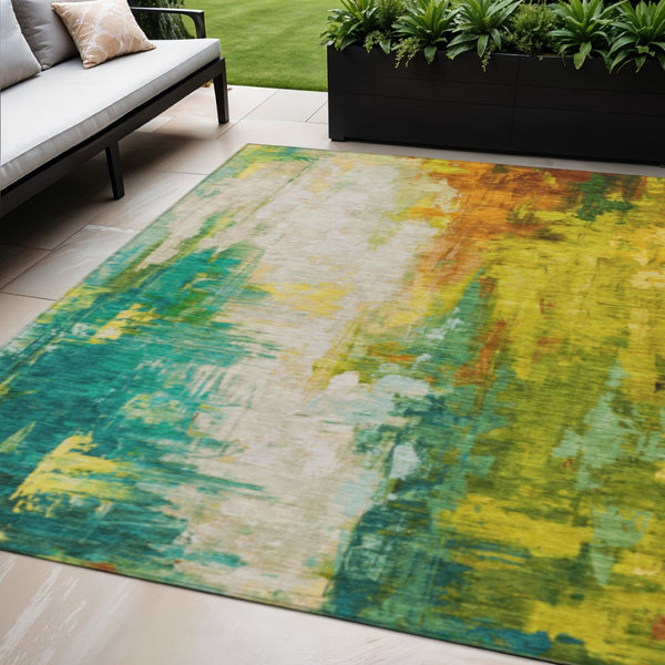 HomeRoots 5' Indoor Outdoor Green and Gold Abstract Area Rug – Durable, Washable, Modern Design for Versatile Spaces 5' X 8' 627906