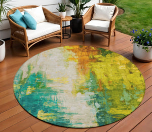 HomeRoots 5' Indoor Outdoor Green and Gold Abstract Area Rug – Durable, Washable, Modern Design for Versatile Spaces 8' Round 627907