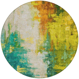 HomeRoots 5' Indoor Outdoor Green and Gold Abstract Area Rug – Durable, Washable, Modern Design for Versatile Spaces 8' Round 627907