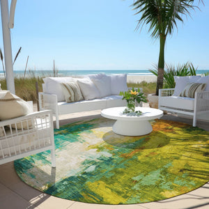 HomeRoots 5' Indoor Outdoor Green and Gold Abstract Area Rug – Durable, Washable, Modern Design for Versatile Spaces 8' Round 627907