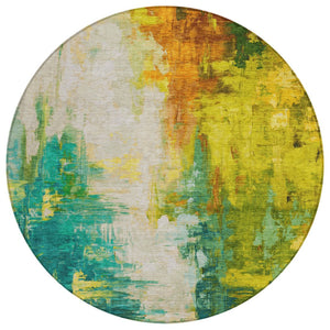 HomeRoots 5' Indoor Outdoor Green and Gold Abstract Area Rug – Durable, Washable, Modern Design for Versatile Spaces 8' Round 627907