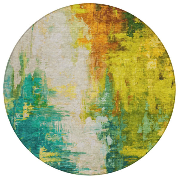 HomeRoots 5' Indoor Outdoor Green and Gold Abstract Area Rug – Durable, Washable, Modern Design for Versatile Spaces 8' Round 627907