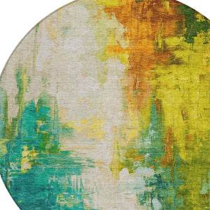 HomeRoots 5' Indoor Outdoor Green and Gold Abstract Area Rug – Durable, Washable, Modern Design for Versatile Spaces 8' Round 627907