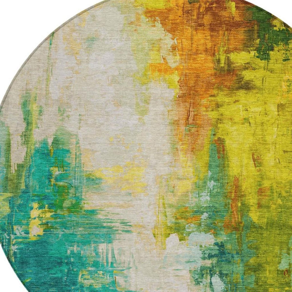 HomeRoots 5' Indoor Outdoor Green and Gold Abstract Area Rug – Durable, Washable, Modern Design for Versatile Spaces 8' Round 627907