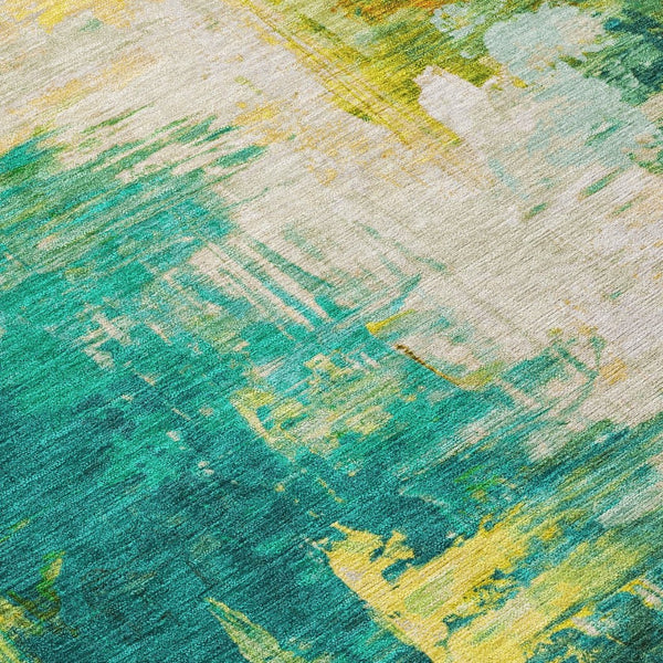 HomeRoots 5' Indoor Outdoor Green and Gold Abstract Area Rug – Durable, Washable, Modern Design for Versatile Spaces 8' Round 627907
