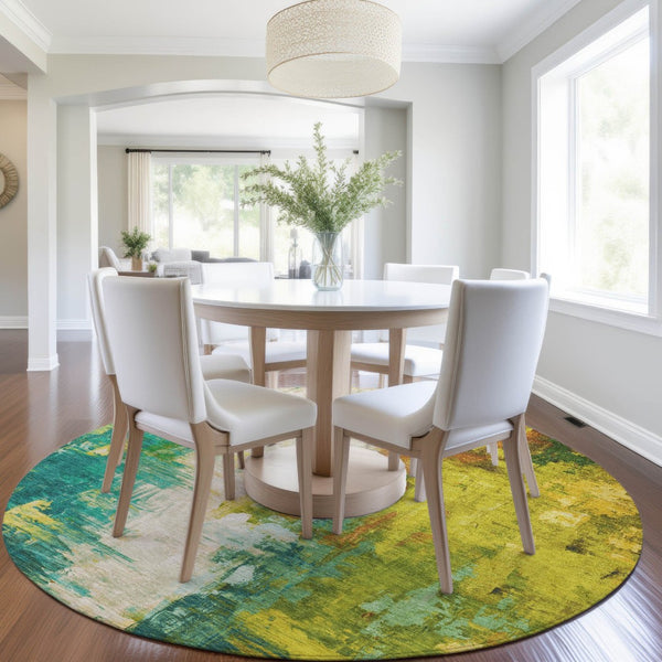 HomeRoots 5' Indoor Outdoor Green and Gold Abstract Area Rug – Durable, Washable, Modern Design for Versatile Spaces 8' Round 627907