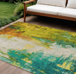HomeRoots 5' Indoor Outdoor Green and Gold Abstract Area Rug – Durable, Washable, Modern Design for Versatile Spaces 8' X 10' 627908