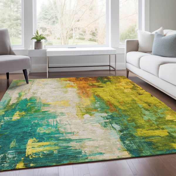 HomeRoots 5' Indoor Outdoor Green and Gold Abstract Area Rug – Durable, Washable, Modern Design for Versatile Spaces 8' X 10' 627908