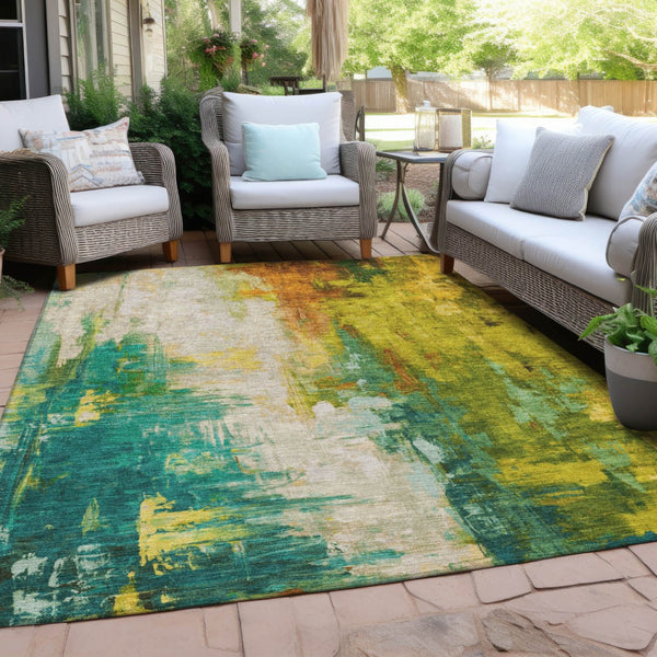 HomeRoots 5' Indoor Outdoor Green and Gold Abstract Area Rug – Durable, Washable, Modern Design for Versatile Spaces 9' X 12' 627909