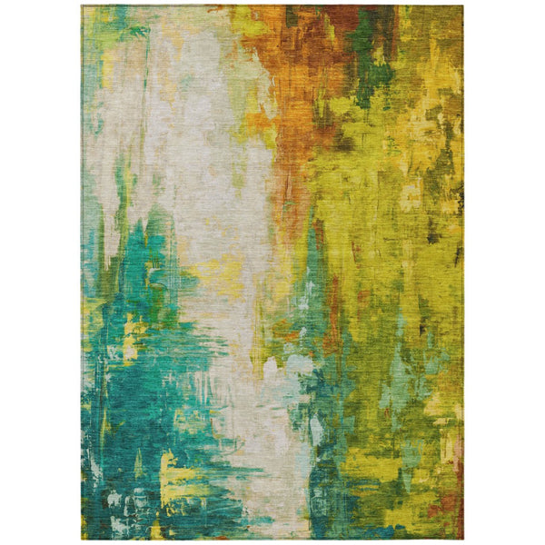 HomeRoots 5' Indoor Outdoor Green and Gold Abstract Area Rug – Durable, Washable, Modern Design for Versatile Spaces 9' X 12' 627909