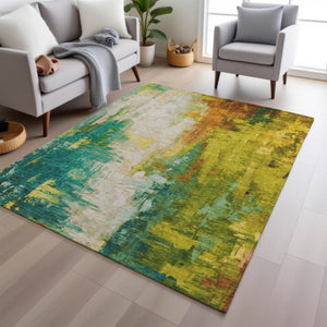 HomeRoots 5' Indoor Outdoor Green and Gold Abstract Area Rug – Durable, Washable, Modern Design for Versatile Spaces 9' X 12' 627909