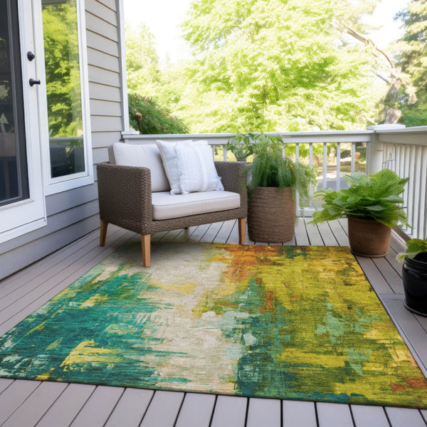 HomeRoots 5' Indoor Outdoor Green and Gold Abstract Area Rug – Durable, Washable, Modern Design for Versatile Spaces 9' X 12' 627909