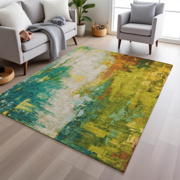 HomeRoots 5' Indoor Outdoor Green and Gold Abstract Area Rug – Durable, Washable, Modern Design for Versatile Spaces 10' X 14' 627910