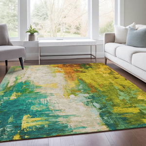 HomeRoots 5' Indoor Outdoor Green and Gold Abstract Area Rug – Durable, Washable, Modern Design for Versatile Spaces 10' X 14' 627910